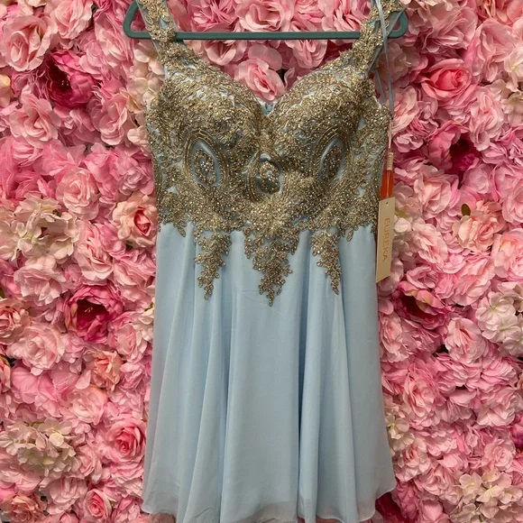 Eureka 8733 size medium light blue/gold chiffon off the shoulder short dress